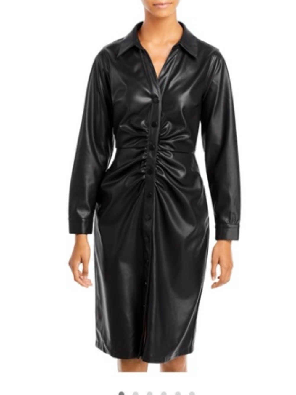 Lucy Paris Black Ruched Faux Leather Long-Sleeve Shirt Dress